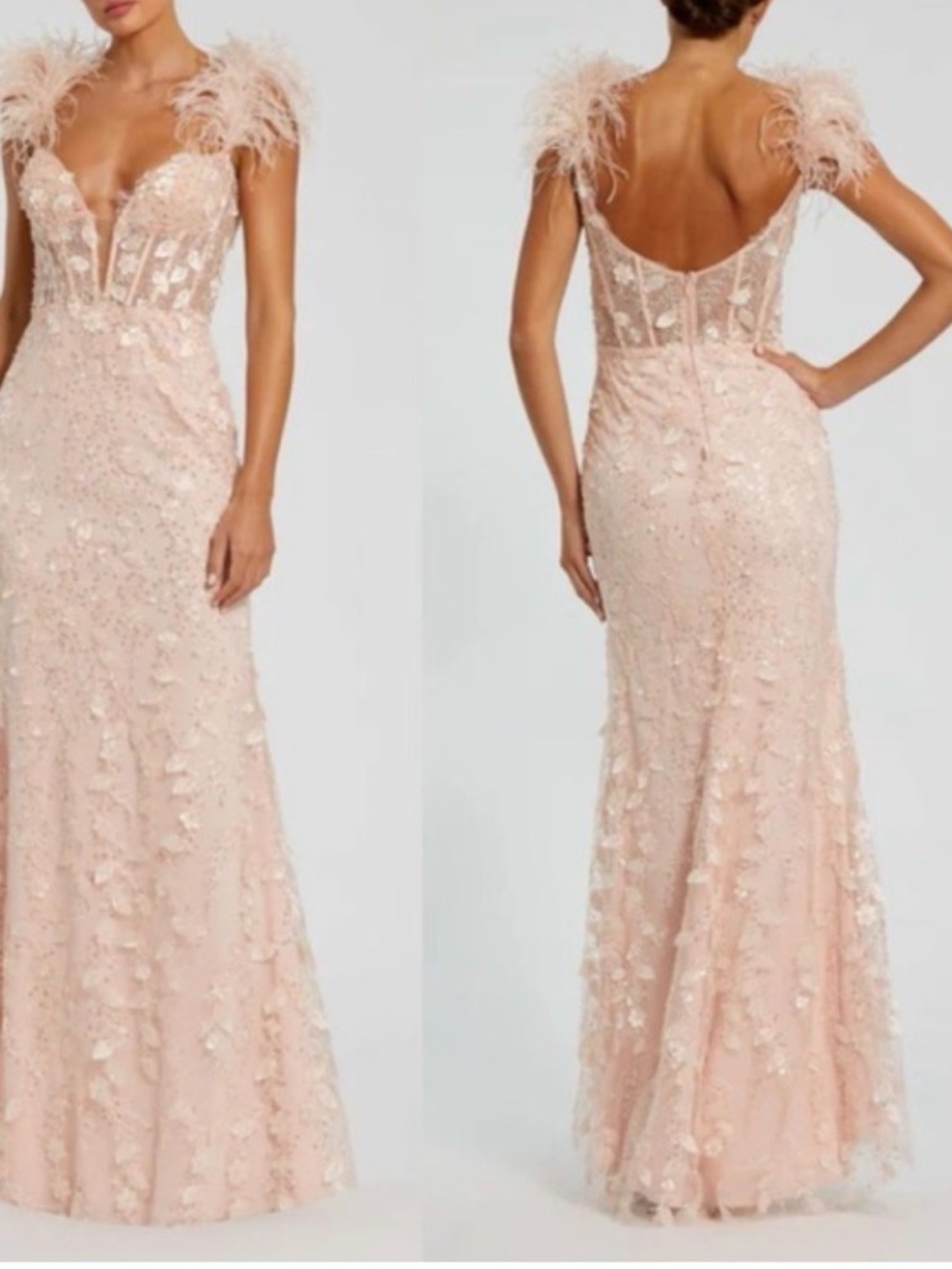 Mac Duggal
Women's Sheer Applique Bustier Gown with Feather Straps